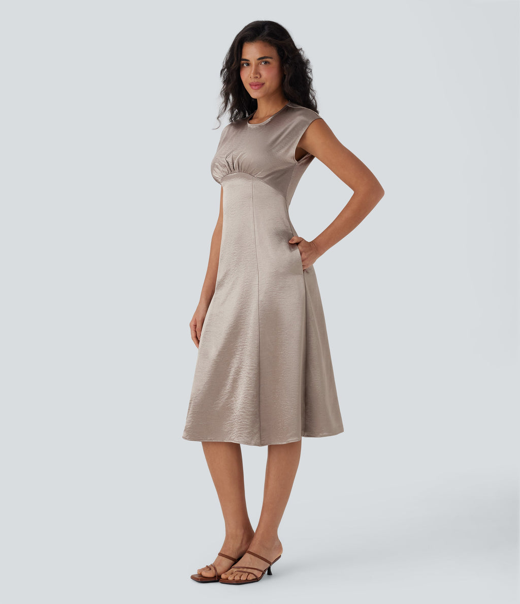 Round Neck Ruched Midi Satin Work Dress with Pockets