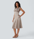 Round Neck Ruched Midi Satin Work Dress with Pockets