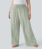 High Waisted Drawstring Linen-Feel Wide Leg Casual Plus Size Pants with Pockets