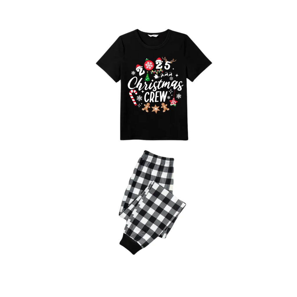 Christmas Crew 2025 Family Pajamas Set - Black Top Black and White Plaid Pants Candy Cane and Cookies Graphic