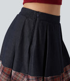 Mid Rise Pleated A-Line 2-in-1 Denim Like Plaid Mini Casual Skirt with Pocket