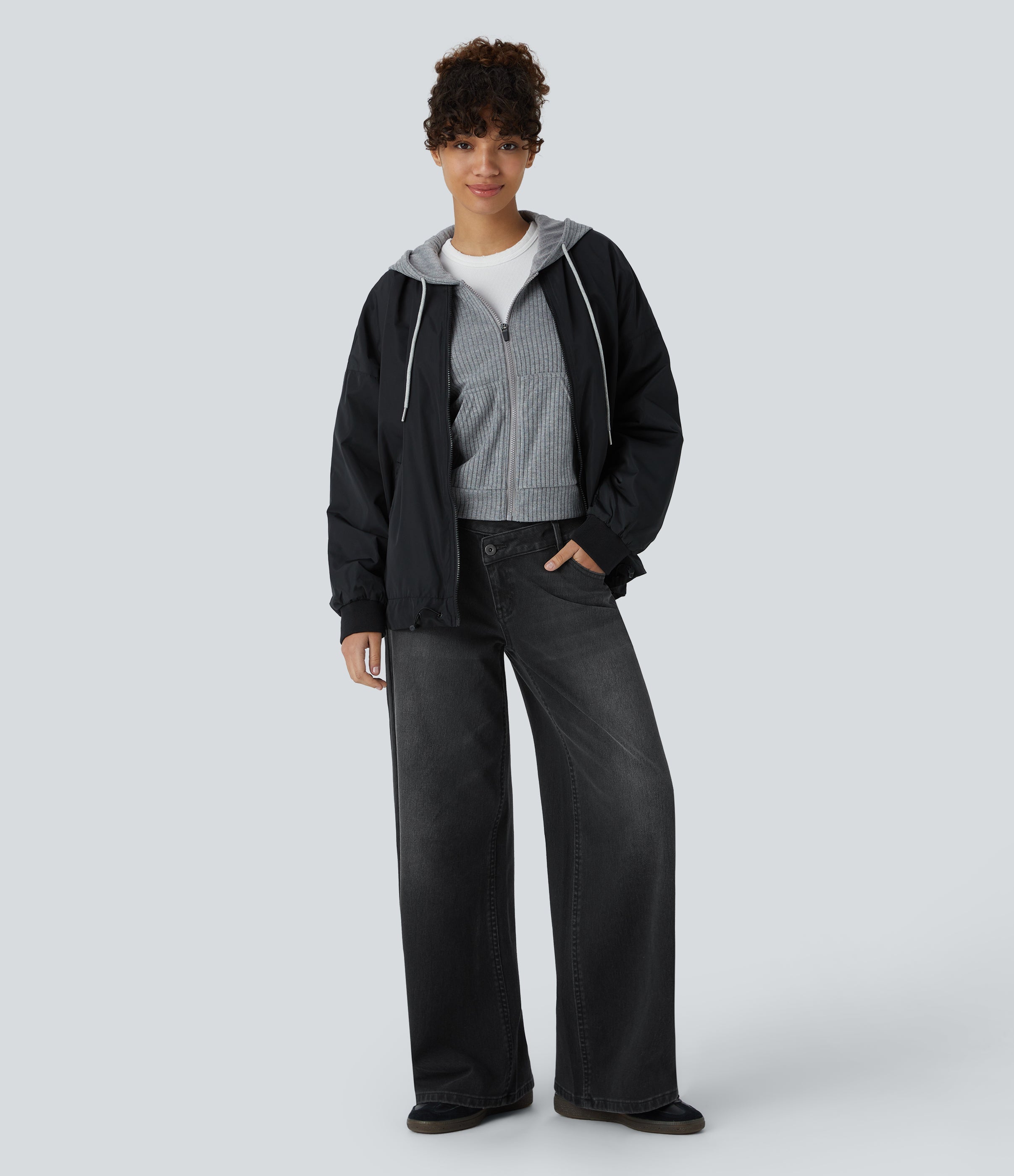 FlexTM Asymmetric Low Rise Zipper Pockets Baggy Wide Leg Washed Casual Jeans