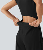 SoftlyZeroTM Airy Short Sleeve Wide Leg Cool Touch Yoga Jumpsuit with Pockets-Easy Peezy Edition