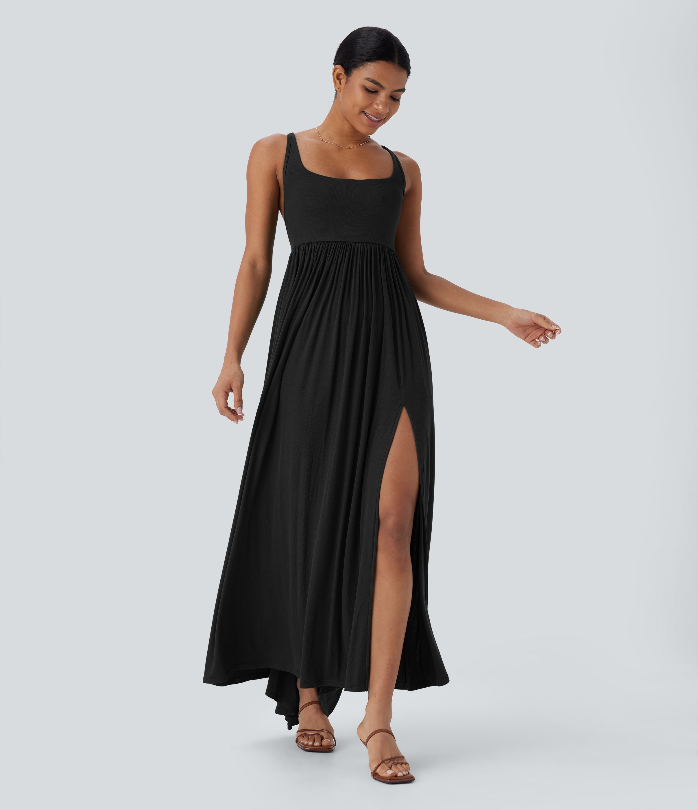 Ribbed Tie Back Ruched Maxi Slip Dress with Pockets