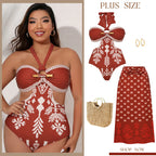Boho Ethnic Floral Patterned Halter One-Piece Swimsuit&Skirt