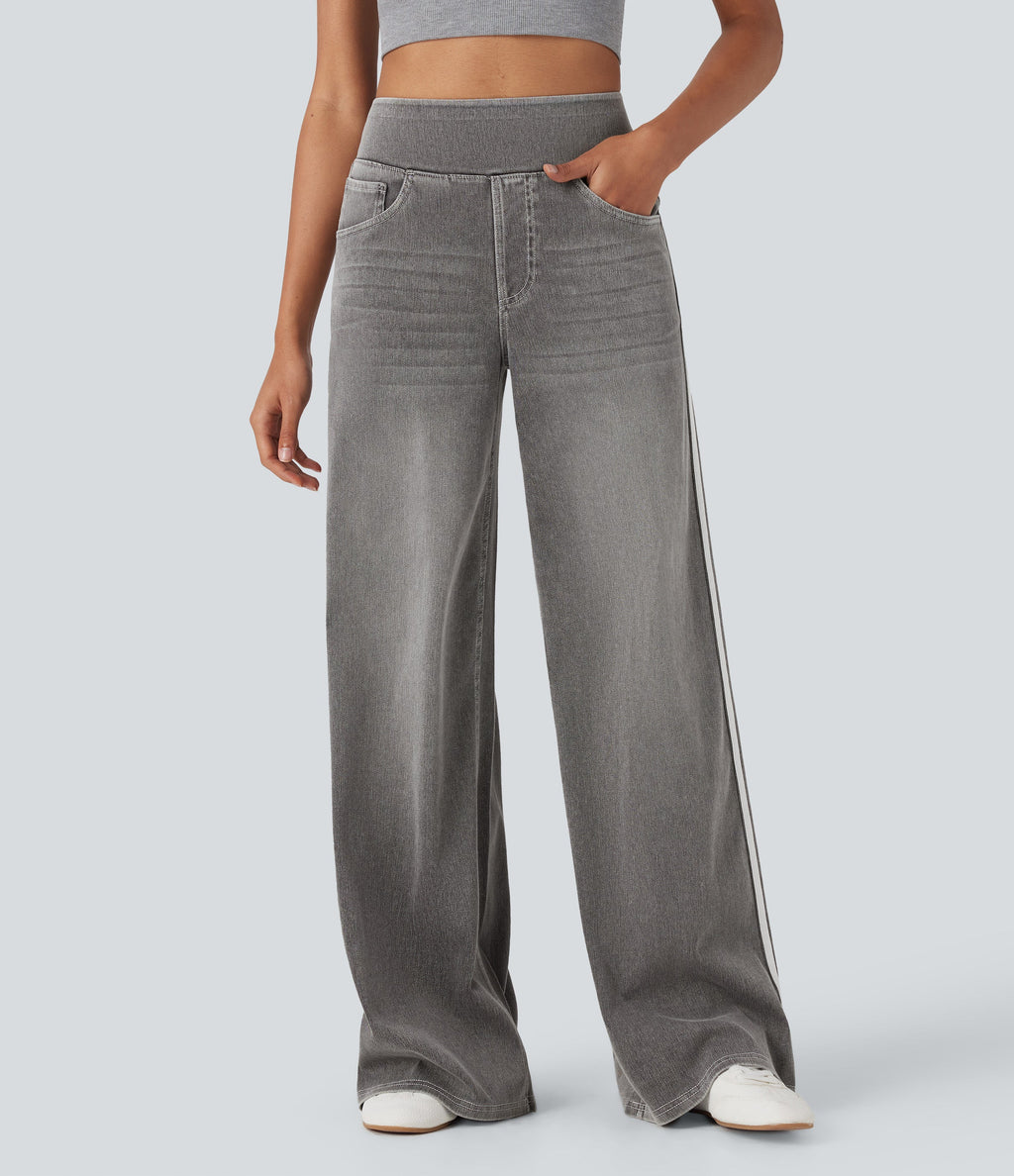 FlexTM High Waisted Stripe Wide Leg Flowy Washed Casual Jeans with Pockets