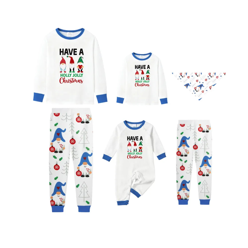 Holiday Christmas Family Blue Pajamas Set with Whimsical Gnome Pattern Print
