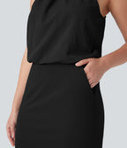 SoftlyZeroTM Airy Halter Tie Back Cool Touch Midi Work Dress with Pockets-UPF50+
