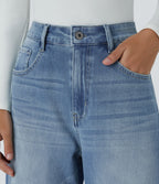 FlexTM High Waisted Multiple Pockets Rolled Hem Wide Leg Washed Stretchy Knit Casual Jeans