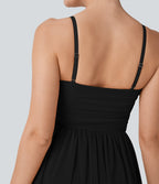 Ruched Tiered Mesh Overlay 2-in-1 Mini Dance Slip Active Dress with Pocket-Easy Peezy