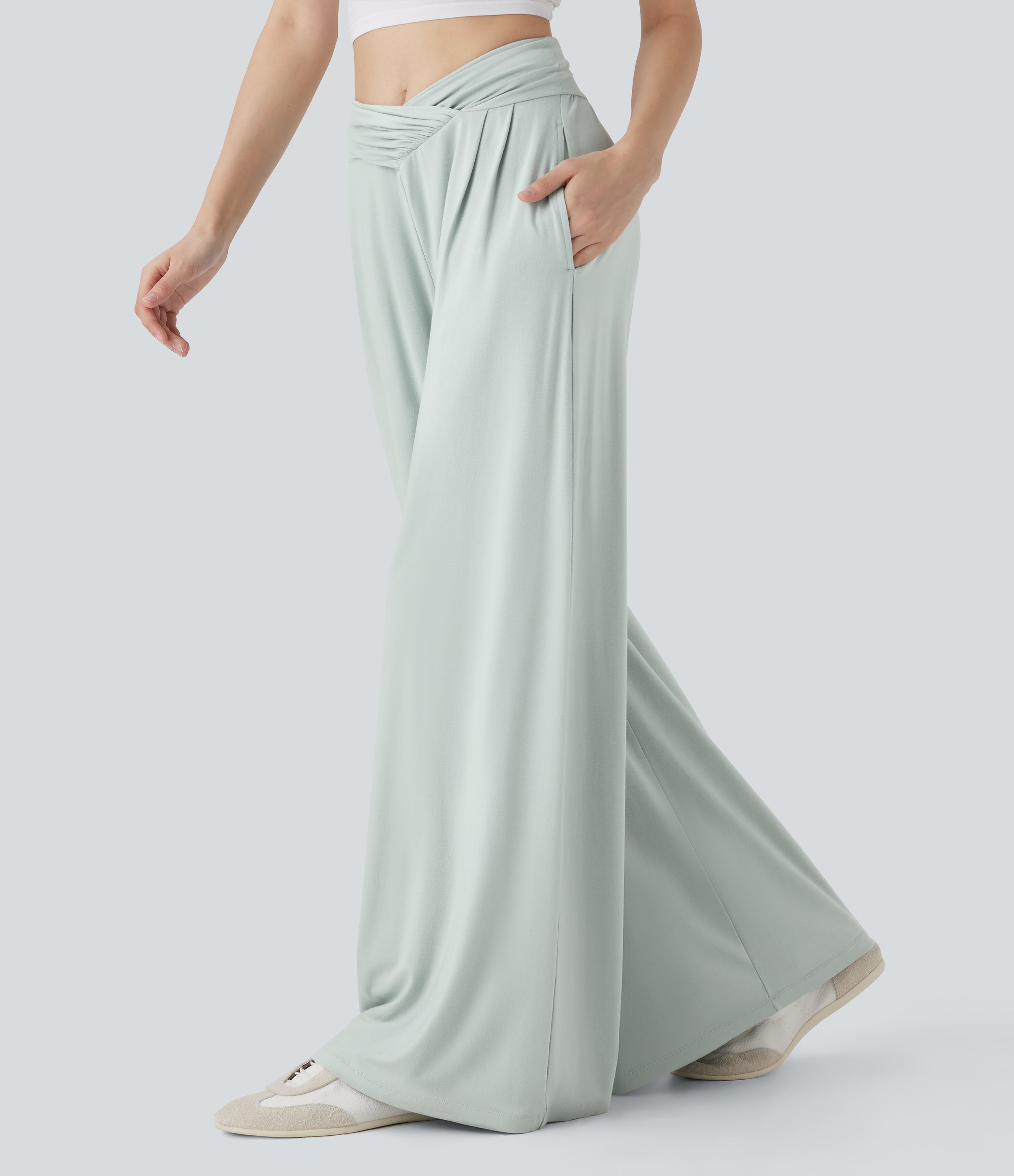 Mid Rise Crossover Ruched Wide Leg Casual Pants with Pockets