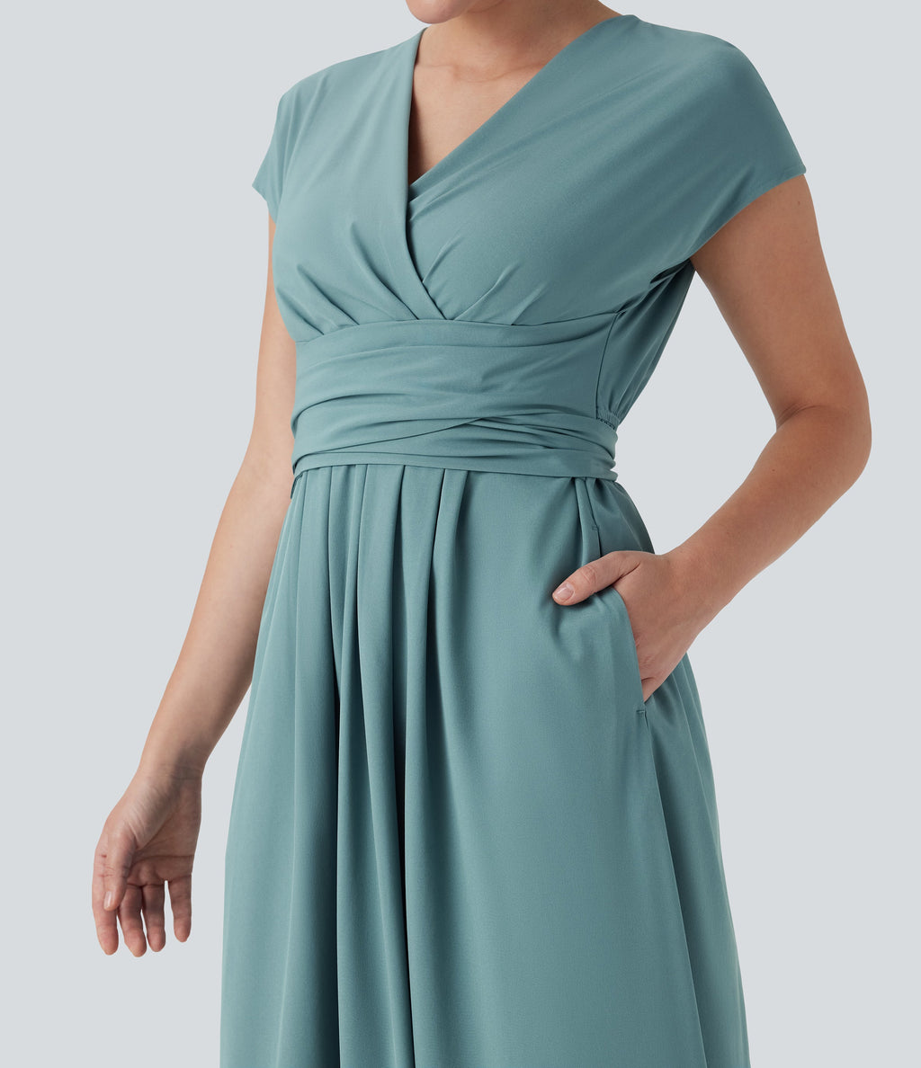 BreezefulTM V Neck Short Sleeve Pocket Tie Back Quick Dry Midi Casual Dress
