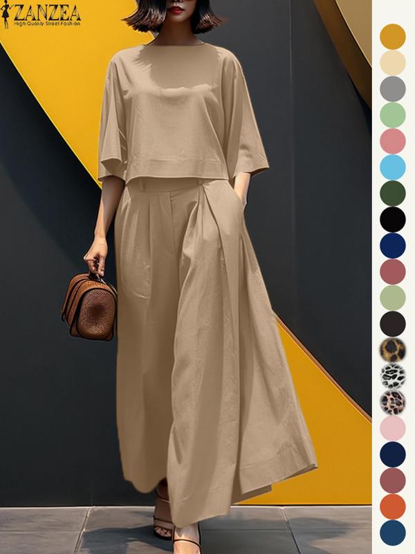 Women's Top & Wide Leg Pants Two-piece Set, Casual Fashion Cozy Three Quarter Length Sleeve Top & Trousers for Daily Outdoor Wear, Ladies Clothes for All Seasons, Womenswear, Casual Matching Set
