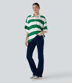 Polo Neck Dropped Shoulder Colorblock Stripe Oversize Casual T-Shirt
