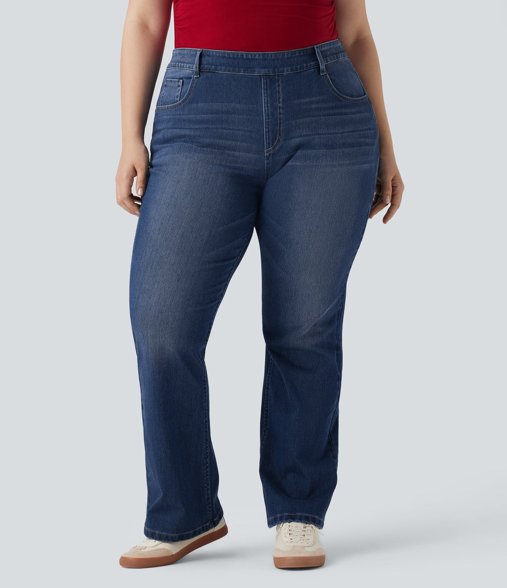 Plus Size FlexTM High Waisted Washed Casual Bootcut Jeans with Pockets