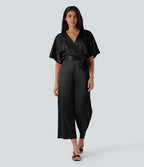 Crossover V Neck Belted Wide Leg Satin-like Work Jumpsuit with Pockets