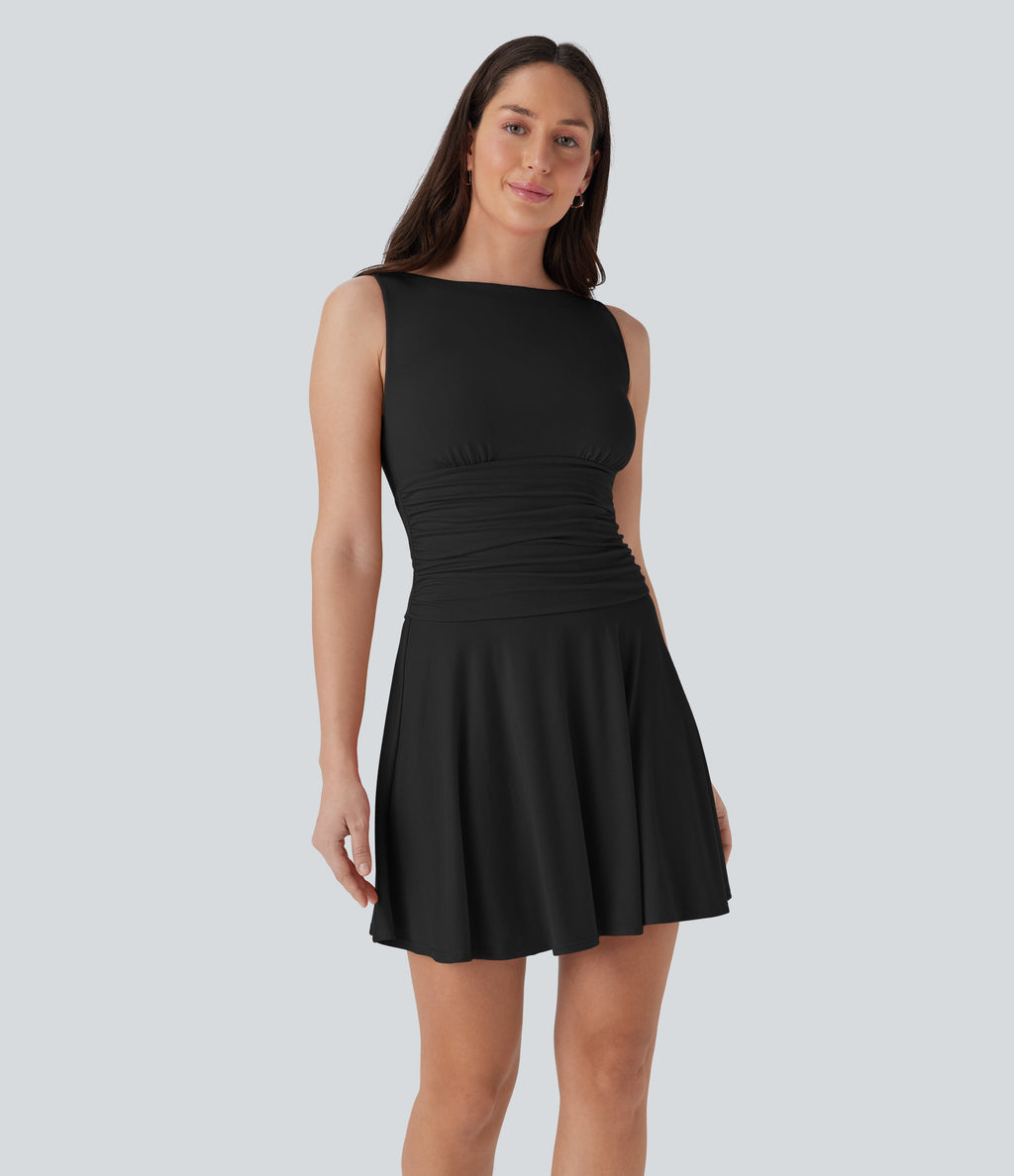 Boat Neck Sleeveless Ruched Flowy Mini Casual Dress