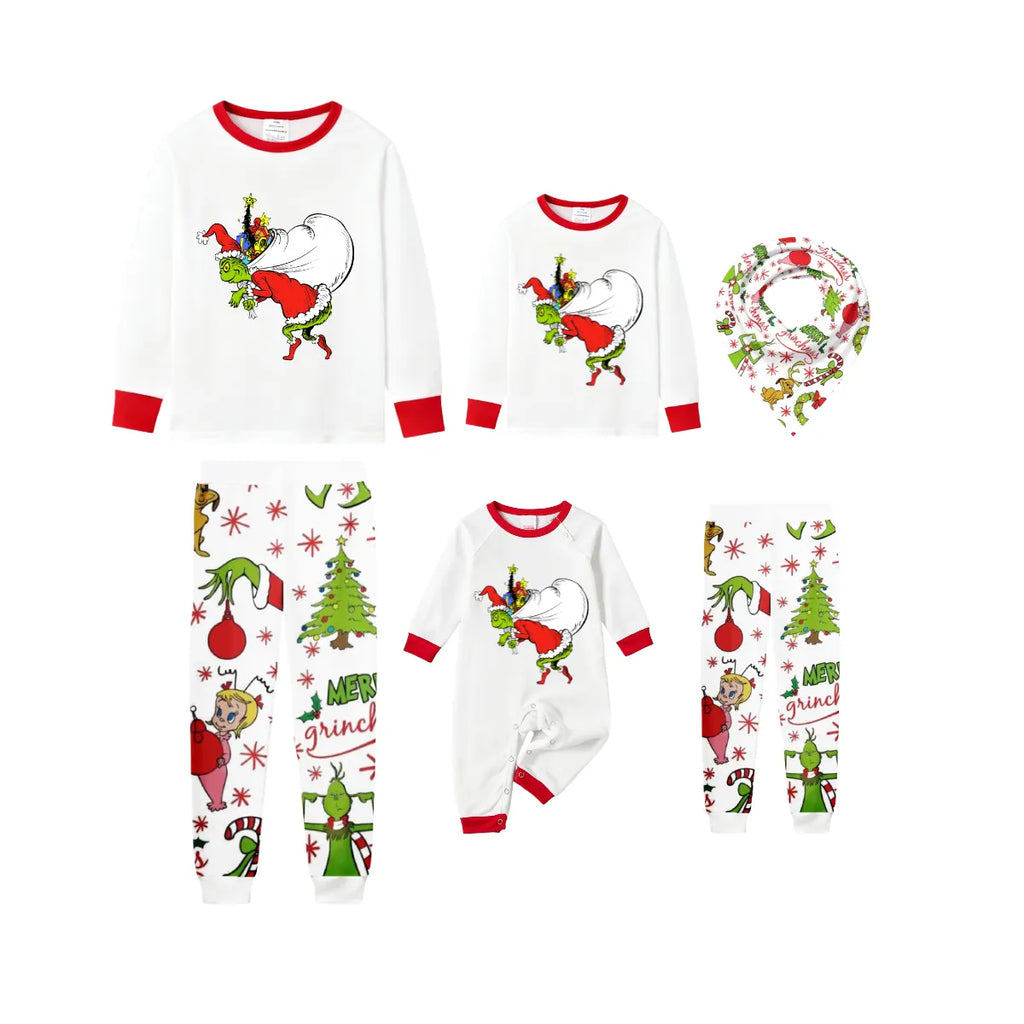 Christmas White Pajamas Set With Cartoon Pattern Print