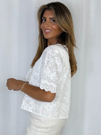 Embroidery Anglaise Front Tie Scalloped Blouse
