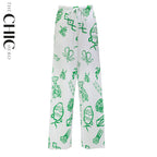 Green Whimsical Illustrated Print Pattern V-Neck Vest Top & Pleated Pants