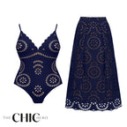 Blue Scalloped Hollow Sexy One-Piece Swimsuit&Skirt