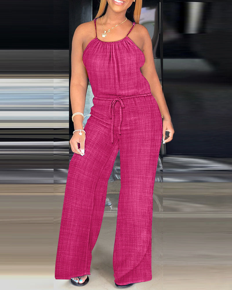 Womens Spaghetti Strap Drawstring Tied Waist Jumpsuit Casual Overalls
