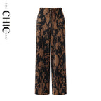 Vintage High-Waisted Drawstring Trousers with Botanical Print Pleated Pants