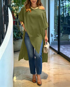 Women's Skew Neck Batwing Sleeve Tee Asymmetric Loose Cape Blouse Slit Elegant Top