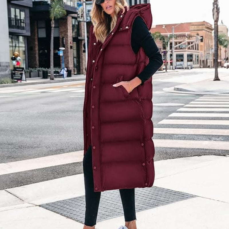 Women's Long Puffer Vest with Quilted Hood & Button Down Closure