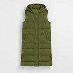 Women's Long Puffer Vest with Quilted Hood & Button Down Closure
