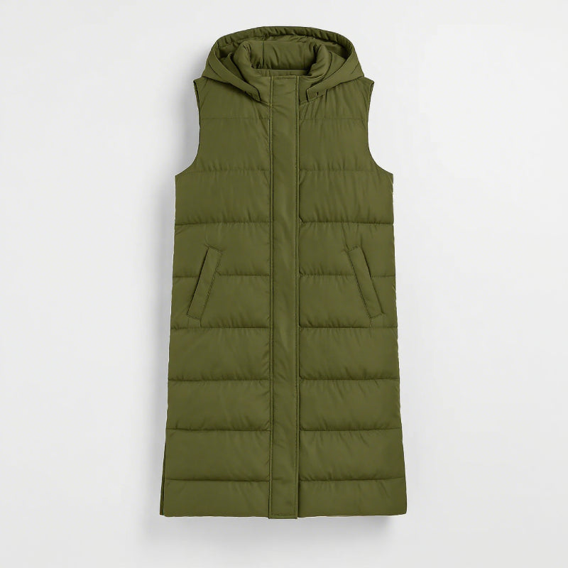 Women's Long Puffer Vest with Quilted Hood & Button Down Closure