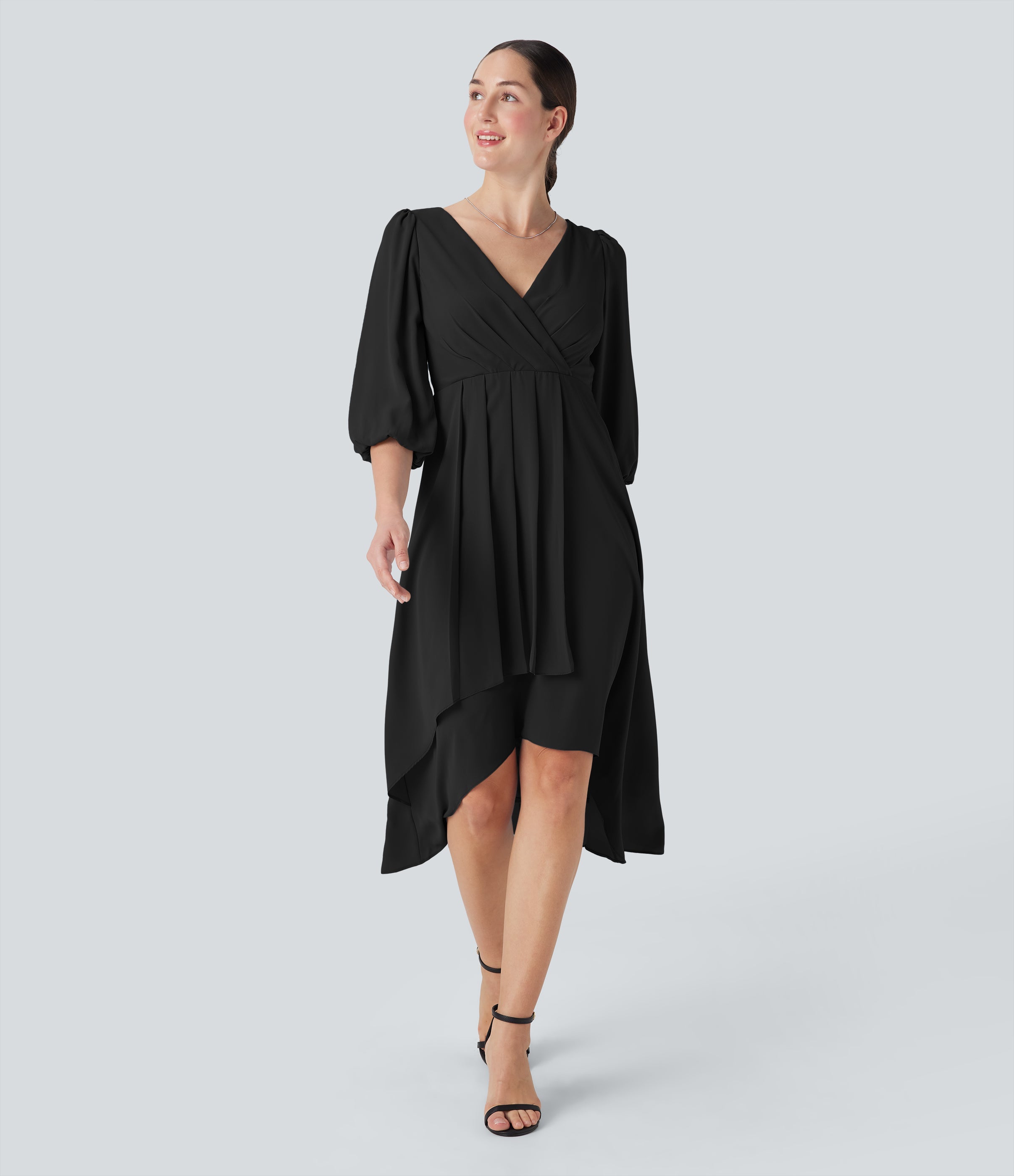 V Neck 3/4 Sleeve Pleated High Low Midi Casual Dress