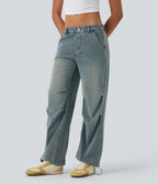 FlexTM Low Rise Adjustable Drawcord Stretchy Knit Casual Parachute Jeans with Multiple Pockets