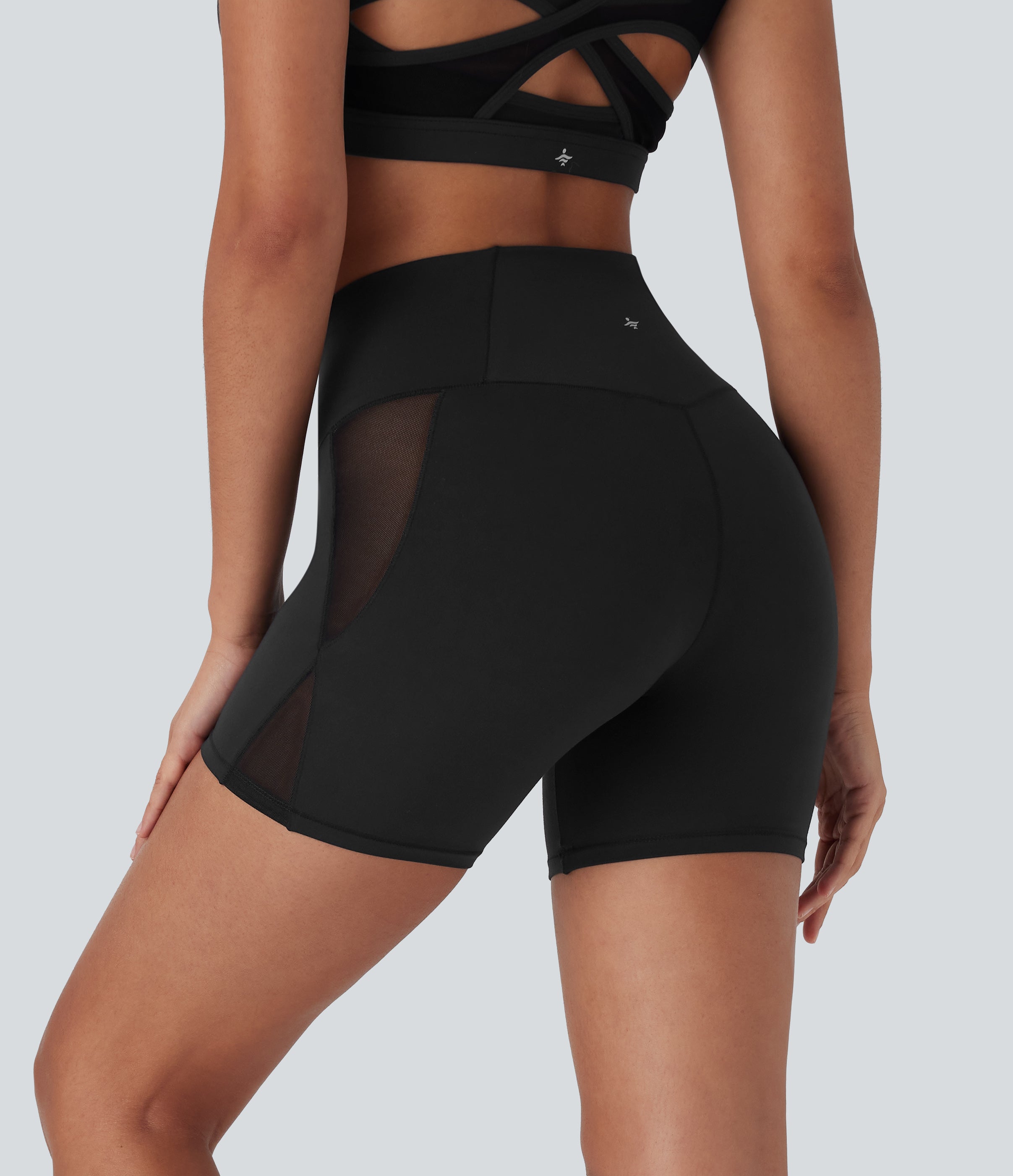 SoftlyZeroTM High Waisted Crossover Contrast Mesh Yoga Biker Shorts 5'' with Pocket-UPF50+