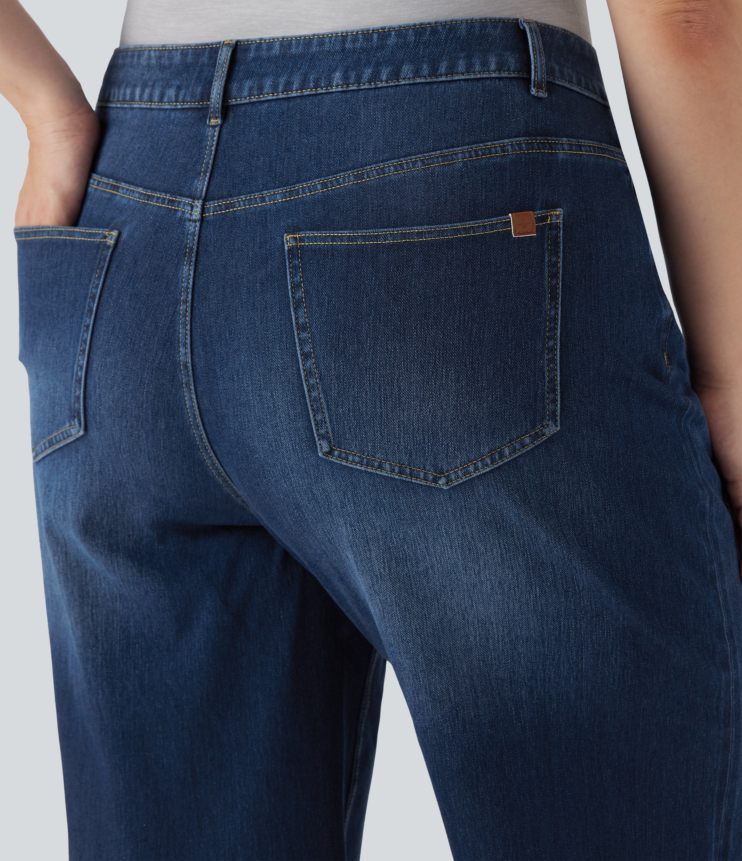 Plus Size FlexTM High Waisted Wide Leg Rolled Hem Washed Stretchy Knit Casual Jeans with Pockets