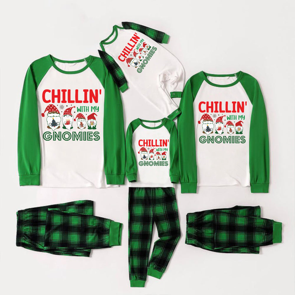 Green Raglan Top Green Plaid Christmas Pajamas Set With Christmas Gnomes and "CHILLIN' WITH MY GNOMIES" Print