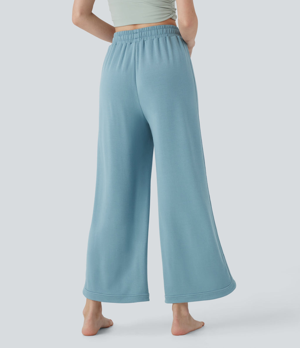 High Waisted Drawstring Curved Hem Straight Leg Yoga Pants with Pockets