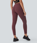 High Waisted Crossover Contrast Mesh Studded Yoga Leggings with Pocket