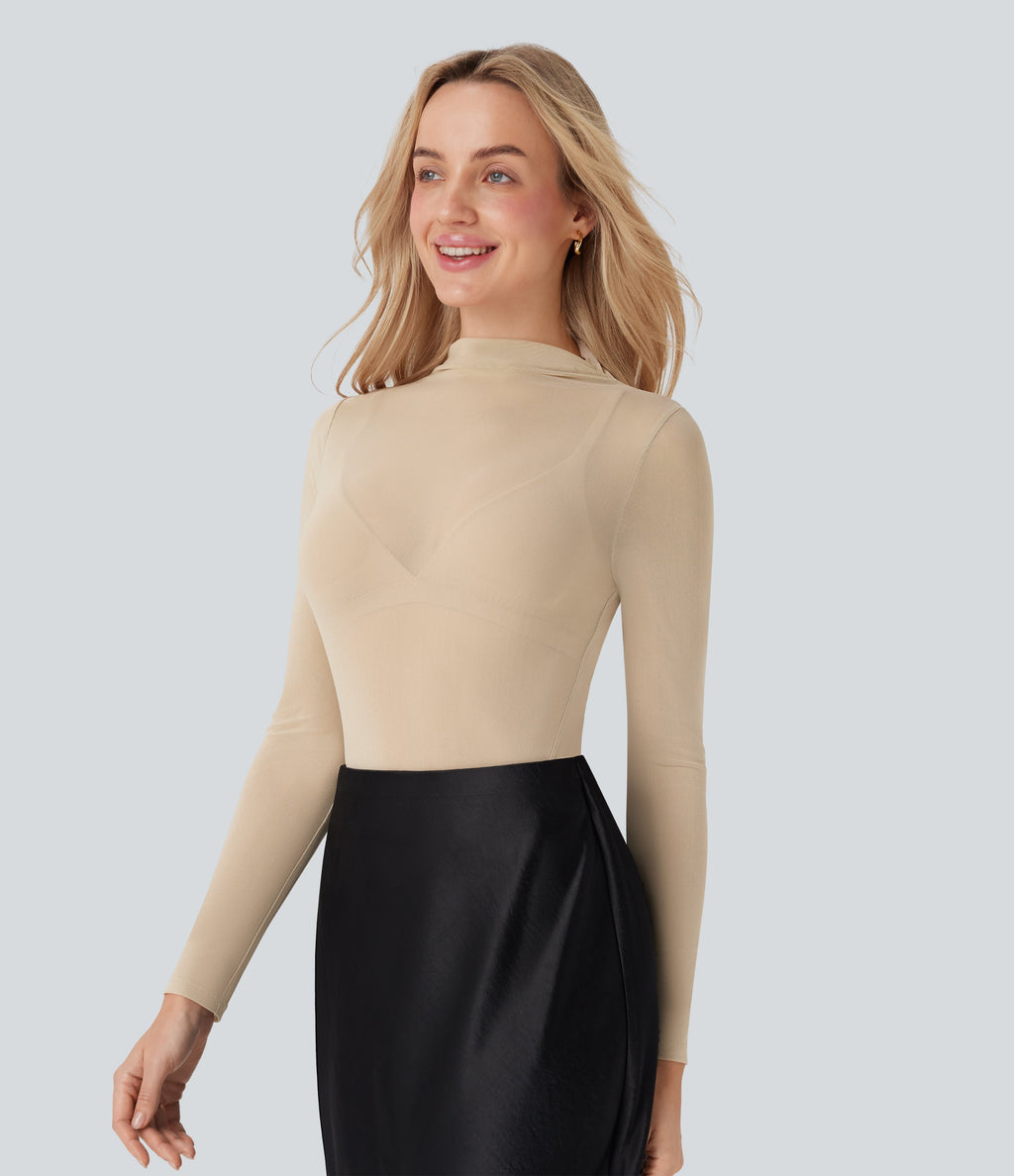 Sheer Mesh Mock-neck Snap Casual Bodysuit
