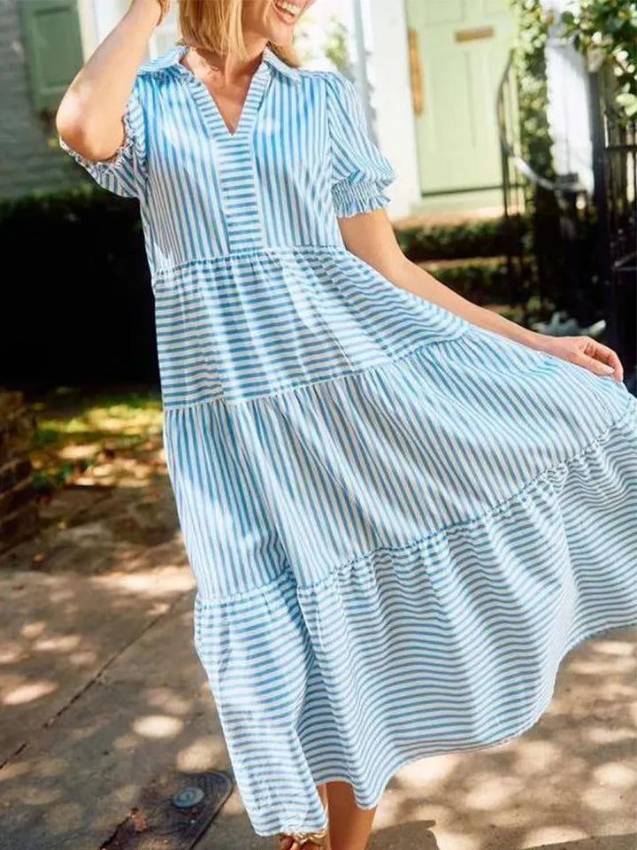 NEW🔥 V-Neck Pleated Short Sleeve Striped Shirt Dress