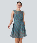 Sleeveless Plaid Contrast Mesh 2-in-1 Mini Casual Dress with Pocket
