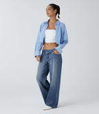 FlexTM Asymmetric Low Rise Zipper Pockets Baggy Wide Leg Washed Casual Jeans