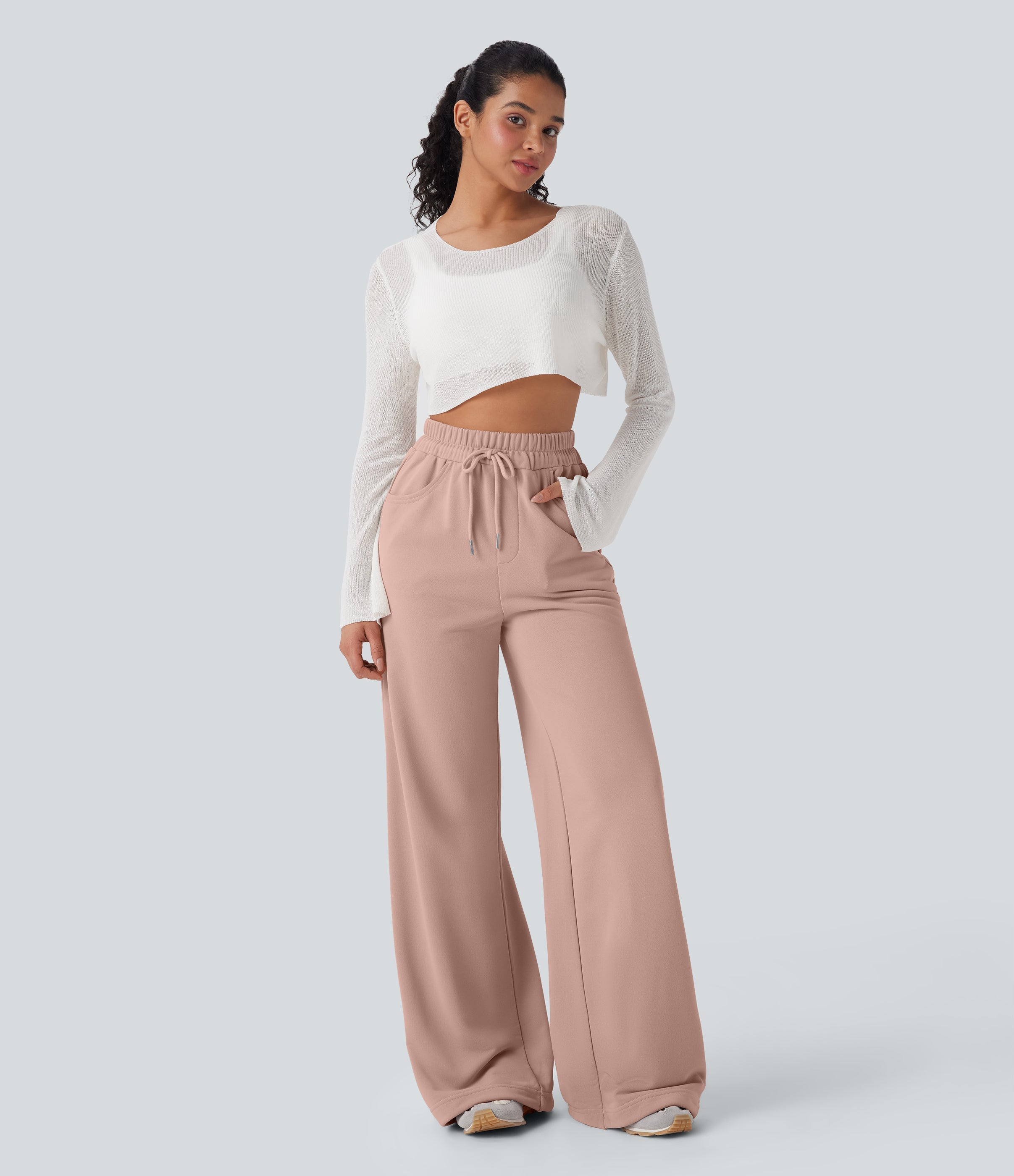 High Waisted Drawstring Cinchable Hem Wide Leg Casual Pants with Pockets