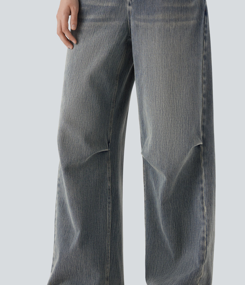 FlexTM Low Rise Wide Leg Washed Casual Jeans with Pockets