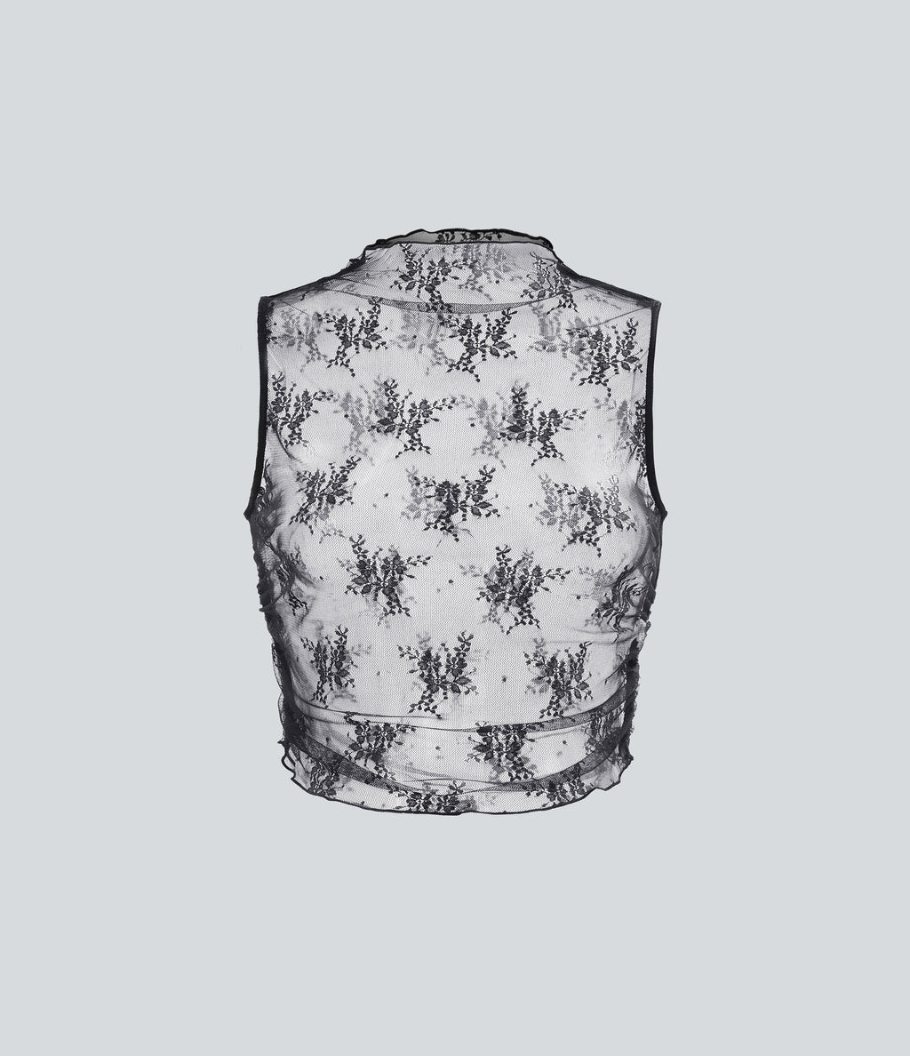Mock Neck Sleeveless Ruched Cropped Sheer Lace Casual Top