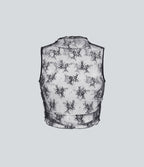 Mock Neck Sleeveless Ruched Cropped Sheer Lace Casual Top