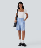 High Waisted Stripe Work Linen-Feel Bermuda Shorts with Pockets