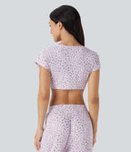 Tie Front Short Sleeve Leopard Print Cropped Lounge Top