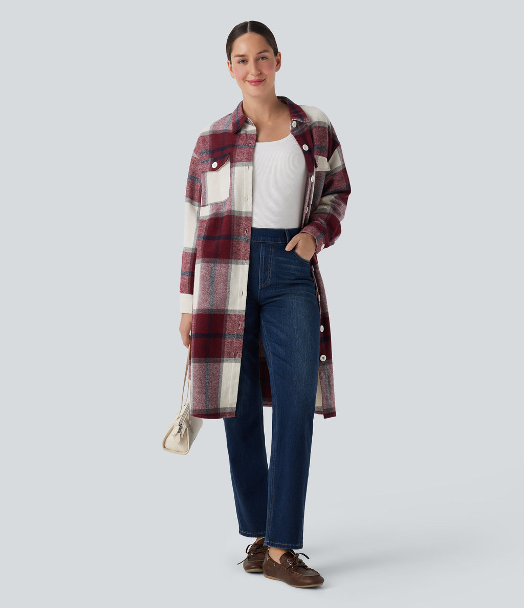 Plaid Curved Hem Longline Casual Jacket with Pockets