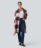 Plaid Curved Hem Longline Casual Jacket with Pockets